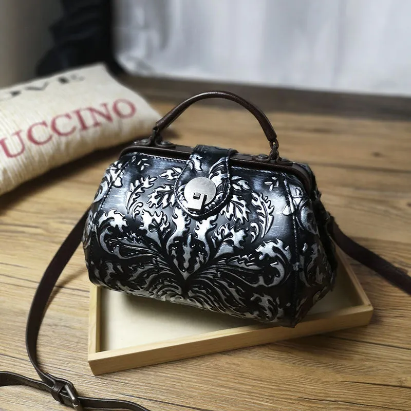 Handamde Womens Red Leather Doctor Handbag Purses Floral Red Doctor Crossbody Purse for Women