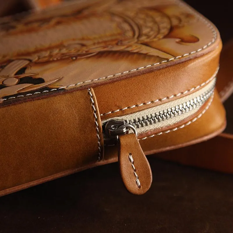 Handmade Beige Ganesha Tooled Leather Sling Bag Chest Bag One Shoulder Backpack For Men