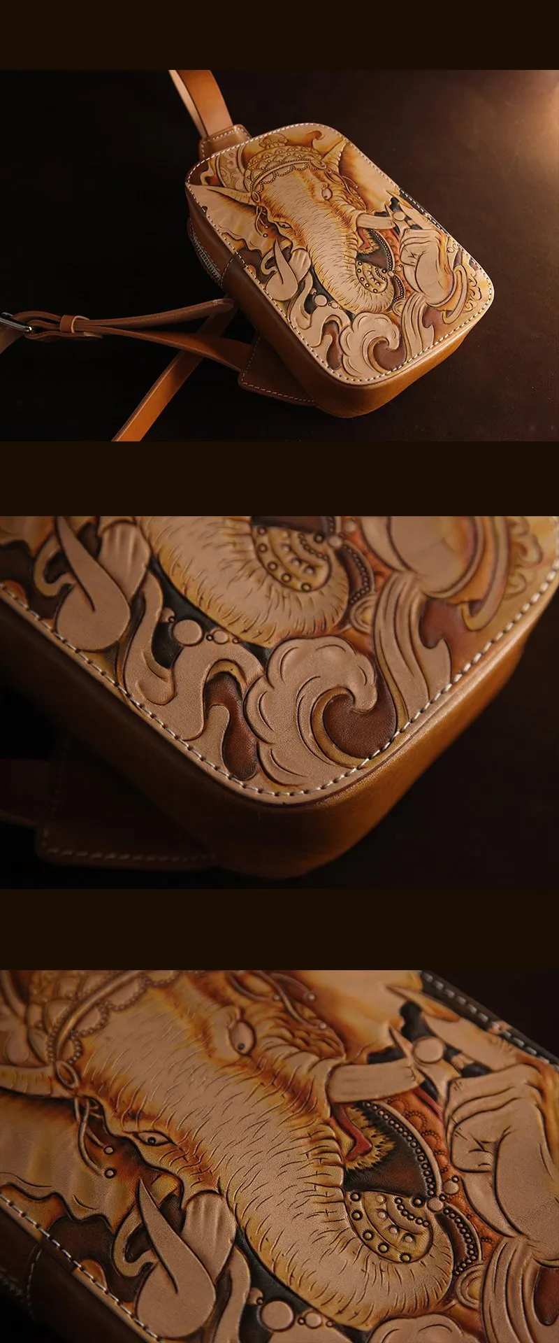 Handmade Beige Ganesha Tooled Leather Sling Bag Chest Bag One Shoulder Backpack For Men