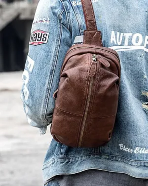 Handmade Brown Leather Mens Sling Bag Sling Pack Chest Bag Black One Shoulder Backpack for Men