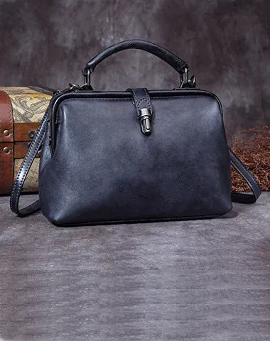 Handmade Dark Blue Leather Handbag Vintage Doctor Bag Shoulder Bag Purse For Women