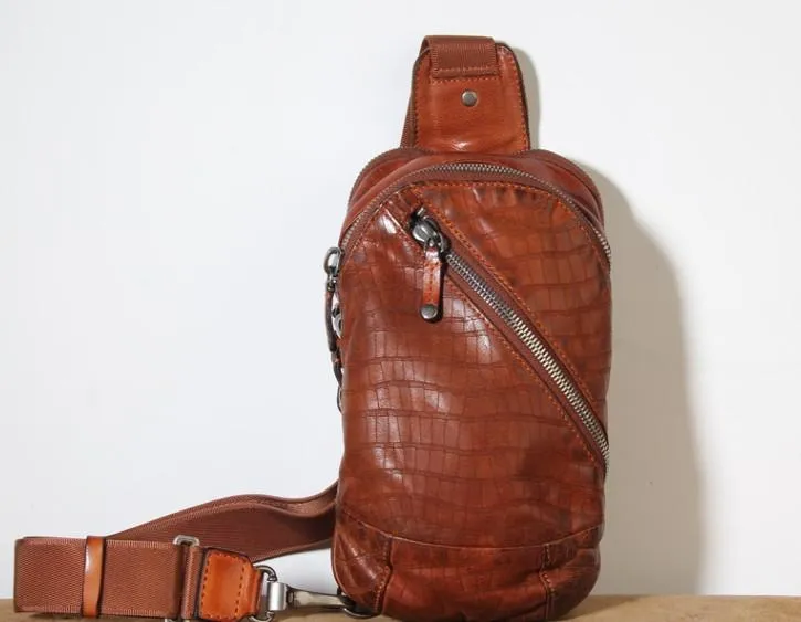 Handmade Genuine Leather Mens Cool Chest Bag Sling Bag Crossbody Bag Travel Bag Hiking Bag for men