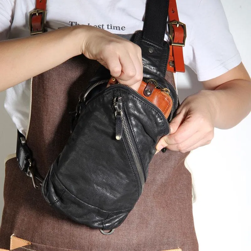 Handmade Genuine Leather Mens Cool Chest Bag Sling Bag Crossbody Bag Travel Bag Hiking Bag for men