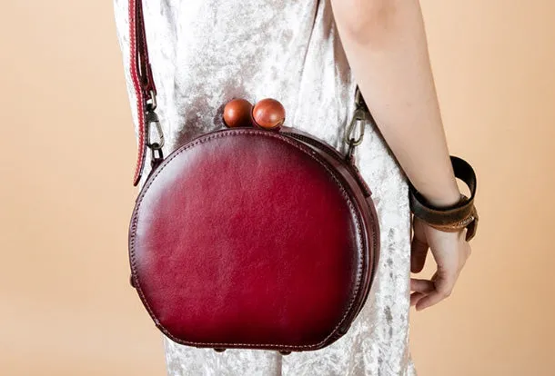 Handmade Genuine Leather Round Handbag Bag Crossbody Bag Shoulder Bag Purse For Women