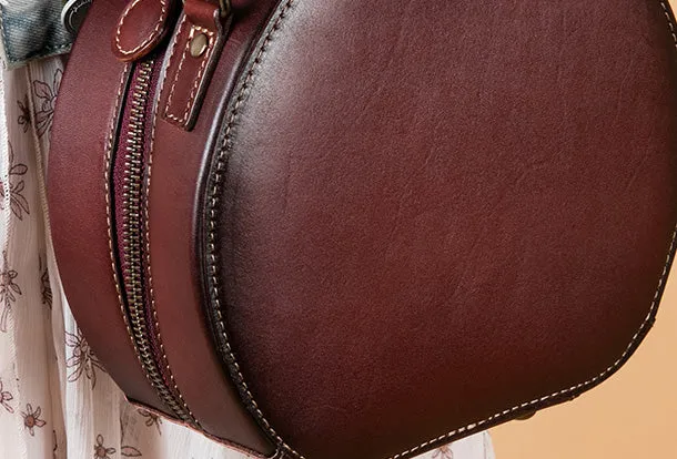 Handmade Genuine Leather Round Handbag Bag Crossbody Bag Shoulder Bag Purse For Women