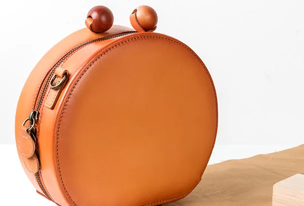 Handmade Genuine Leather Round Handbag Bag Crossbody Bag Shoulder Bag Purse For Women