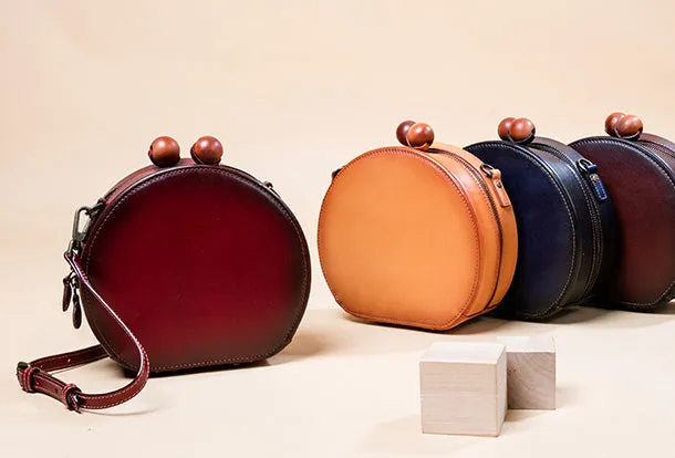 Handmade Genuine Leather Round Handbag Bag Crossbody Bag Shoulder Bag Purse For Women