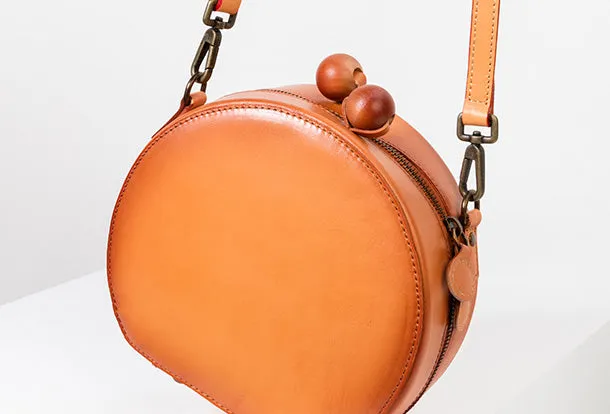 Handmade Genuine Leather Round Handbag Bag Crossbody Bag Shoulder Bag Purse For Women