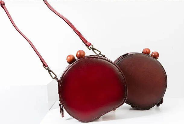 Handmade Genuine Leather Round Handbag Bag Crossbody Bag Shoulder Bag Purse For Women
