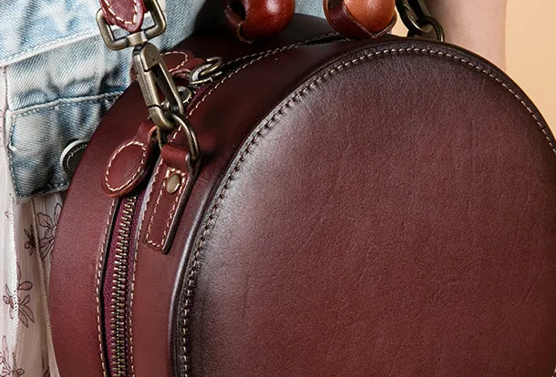 Handmade Genuine Leather Round Handbag Bag Crossbody Bag Shoulder Bag Purse For Women