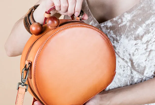 Handmade Genuine Leather Round Handbag Bag Crossbody Bag Shoulder Bag Purse For Women