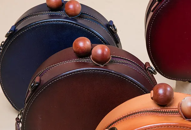 Handmade Genuine Leather Round Handbag Bag Crossbody Bag Shoulder Bag Purse For Women