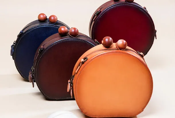 Handmade Genuine Leather Round Handbag Bag Crossbody Bag Shoulder Bag Purse For Women
