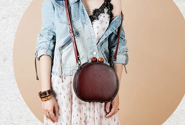 Handmade Genuine Leather Round Handbag Bag Crossbody Bag Shoulder Bag Purse For Women