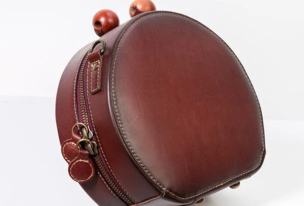 Handmade Genuine Leather Round Handbag Bag Crossbody Bag Shoulder Bag Purse For Women