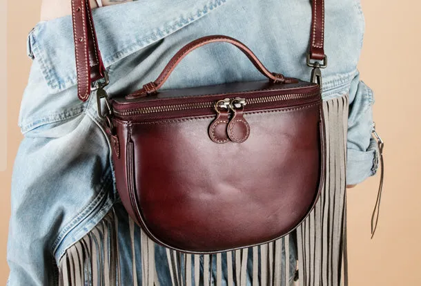 Handmade Genuine Leather Round Handbag Bag Crossbody Bag Shoulder Bag Purse For Women