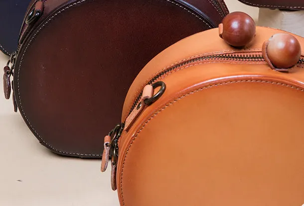Handmade Genuine Leather Round Handbag Bag Crossbody Bag Shoulder Bag Purse For Women
