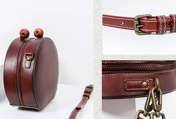 Handmade Genuine Leather Round Handbag Bag Crossbody Bag Shoulder Bag Purse For Women