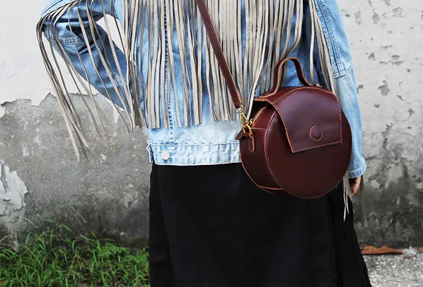 Handmade handbag purse leather round crossbody bag purse shoulder bag for women