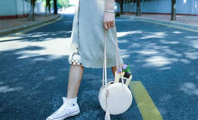 Handmade Leather Beige Womens Small Round Shoulder Bag Circle for Women