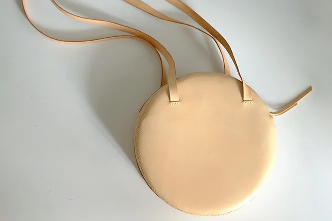 Handmade Leather Beige Womens Small Round Shoulder Bag Circle for Women