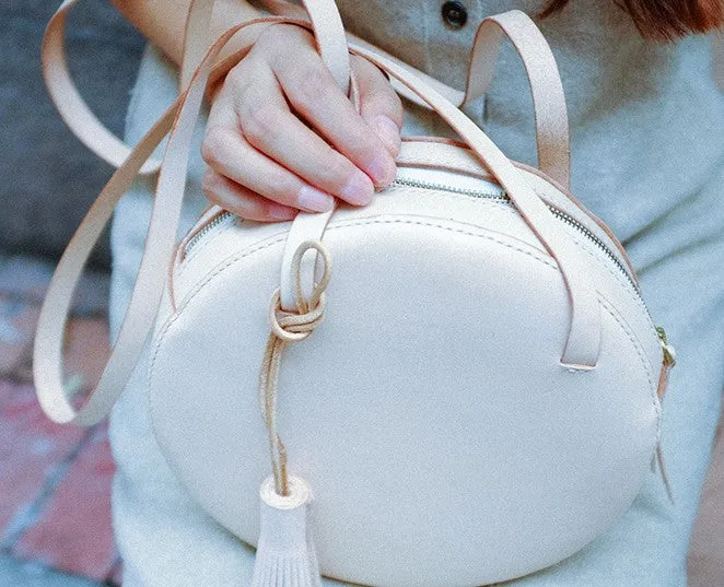 Handmade Leather Beige Womens Small Round Shoulder Bag Circle for Women