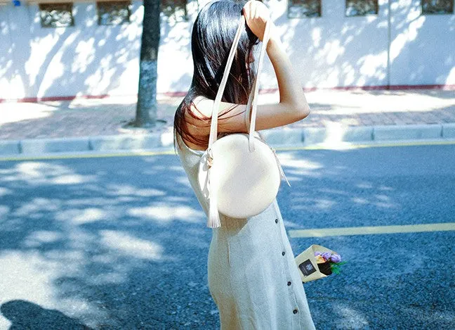 Handmade Leather Beige Womens Small Round Shoulder Bag Circle for Women