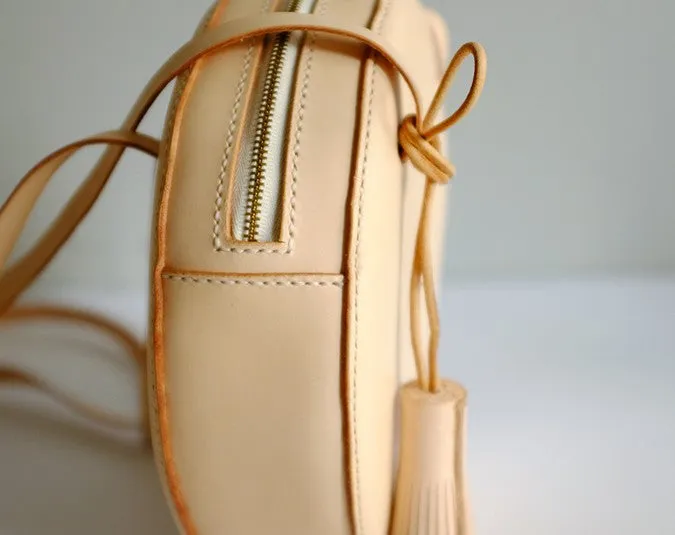 Handmade Leather Beige Womens Small Round Shoulder Bag Circle for Women