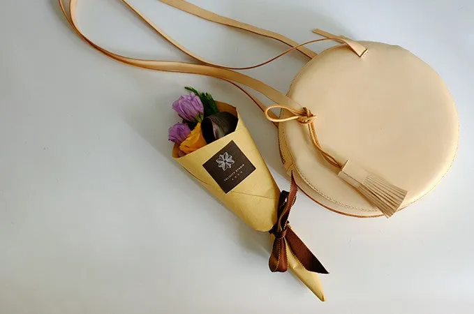 Handmade Leather Beige Womens Small Round Shoulder Bag Circle for Women