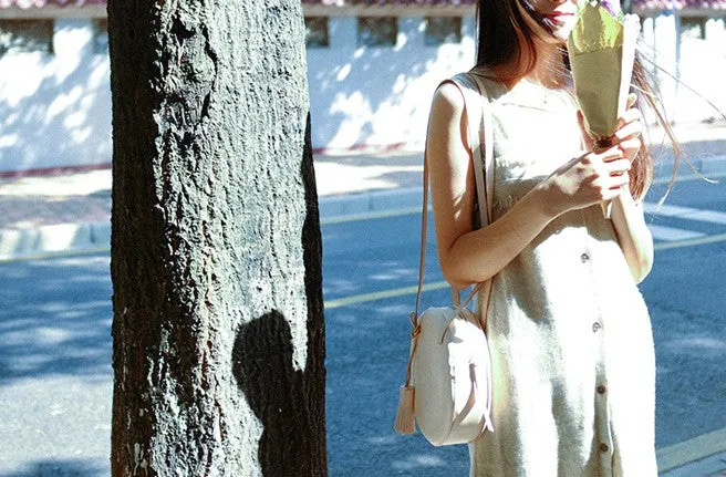 Handmade Leather Beige Womens Small Round Shoulder Bag Circle for Women