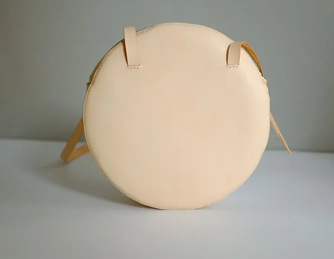 Handmade Leather Beige Womens Small Round Shoulder Bag Circle for Women