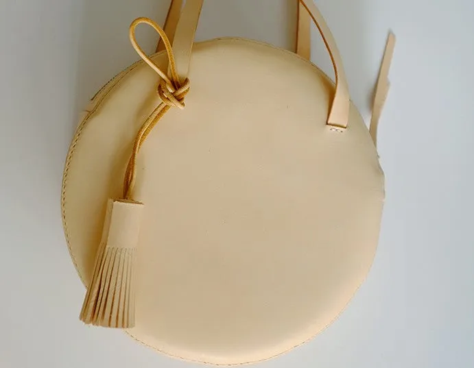 Handmade Leather Beige Womens Small Round Shoulder Bag Circle for Women