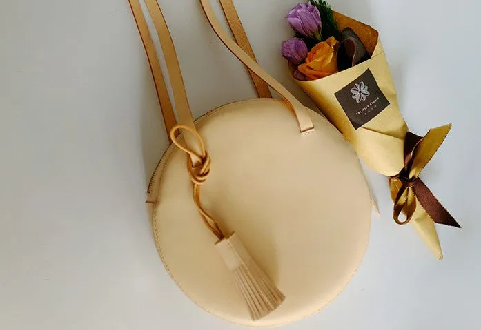 Handmade Leather Beige Womens Small Round Shoulder Bag Circle for Women
