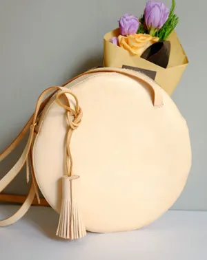 Handmade Leather Beige Womens Small Round Shoulder Bag Circle for Women
