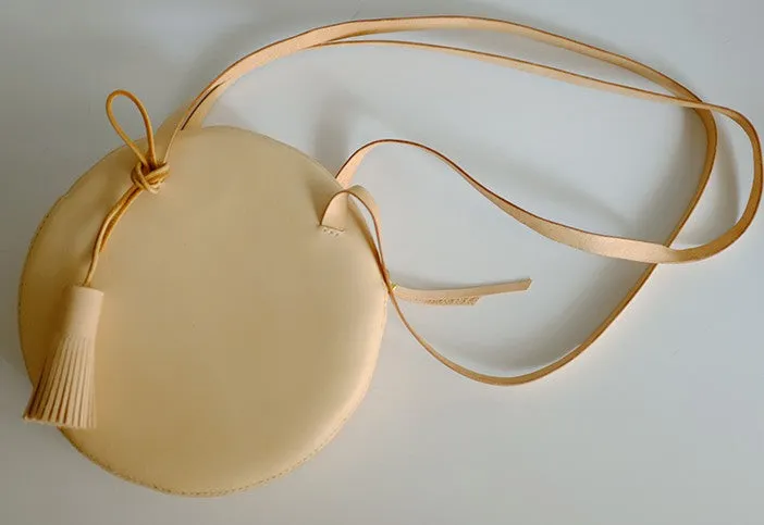 Handmade Leather Beige Womens Small Round Shoulder Bag Circle for Women