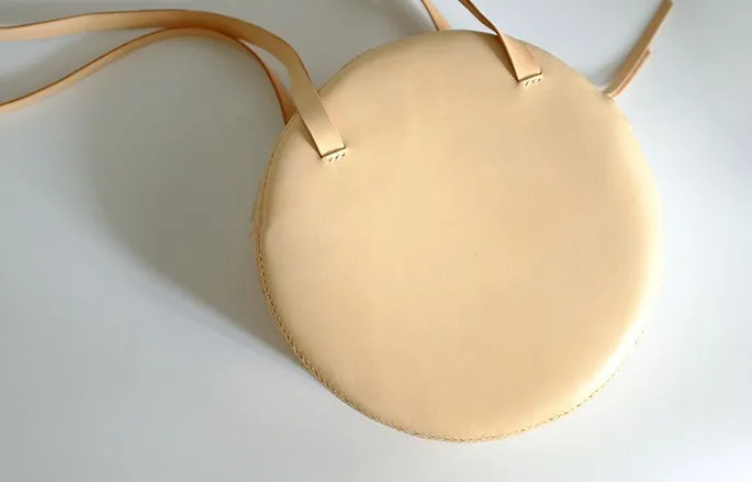 Handmade Leather Beige Womens Small Round Shoulder Bag Circle for Women