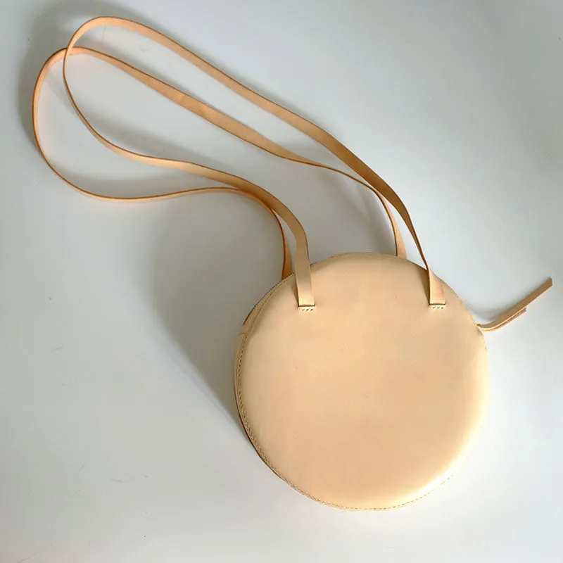 Handmade Leather Beige Womens Small Round Shoulder Bag Circle for Women