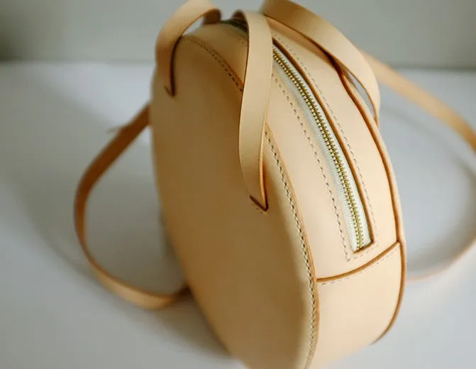Handmade Leather Beige Womens Small Round Shoulder Bag Circle for Women