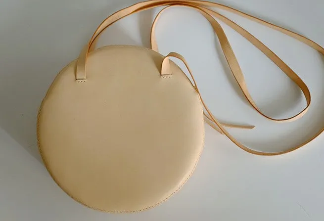 Handmade Leather Beige Womens Small Round Shoulder Bag Circle for Women