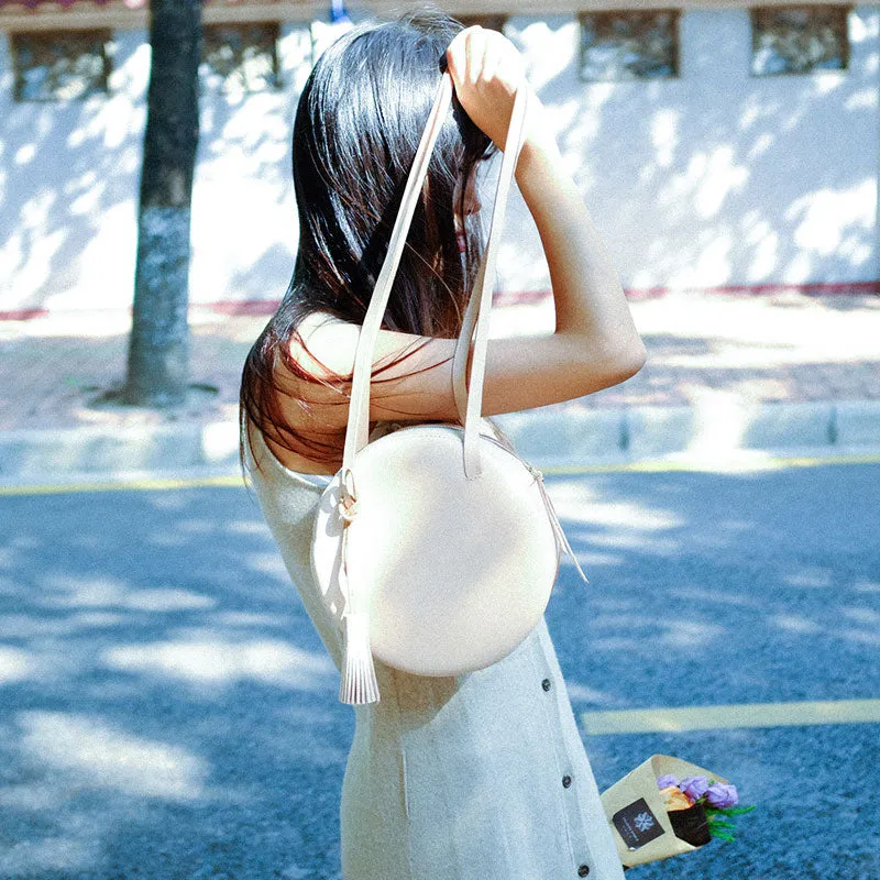 Handmade Leather Beige Womens Small Round Shoulder Bag Circle for Women