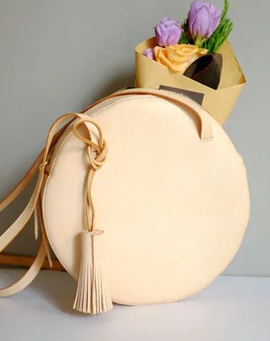Handmade Leather Beige Womens Small Round Shoulder Bag Circle for Women