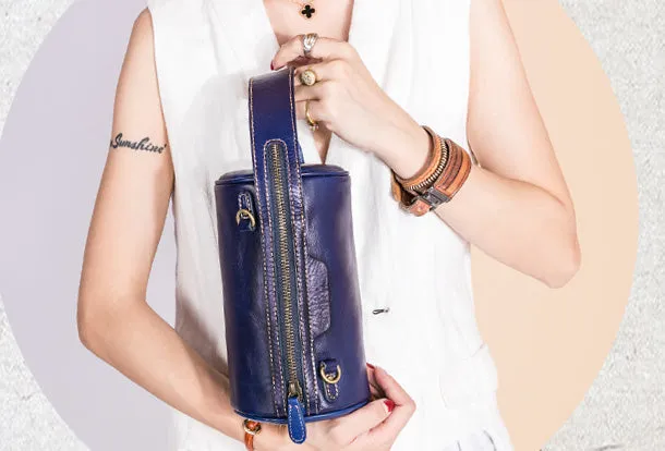 Handmade Leather Handbag Purse Bucket Bag Round Circle Bag Crossbody Bag Shoulder Bag Purse For Women