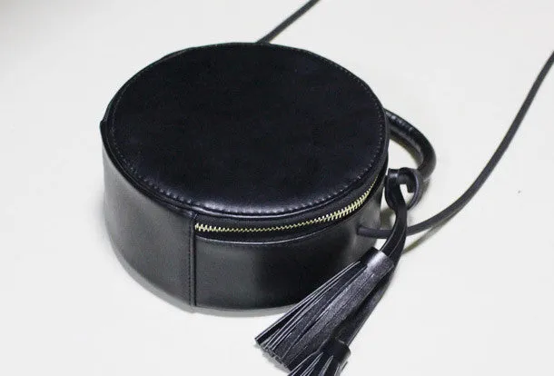 Handmade Leather round bag shoulder bag black for women leather crossbody bag