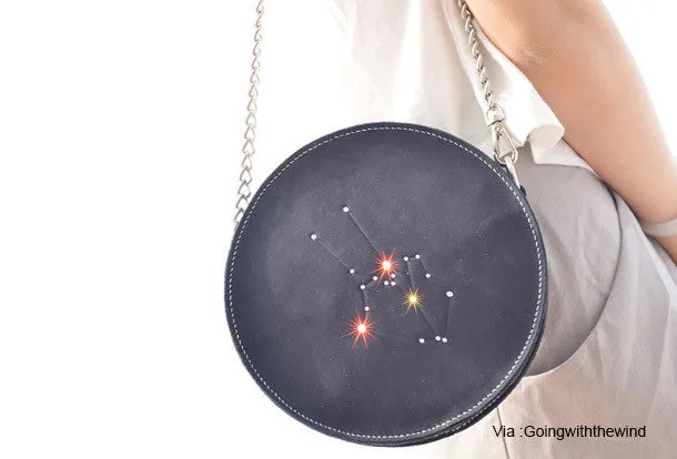 Handmade Leather round bag shoulder bag constellation women leather crossbody bag