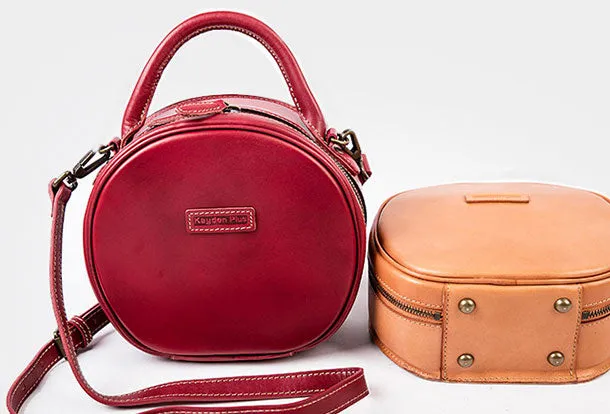 Handmade Leather Womens Round Handbag Circle Shoulder Bag Purse For Women