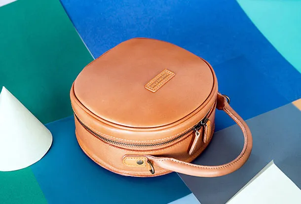 Handmade Leather Womens Round Handbag Circle Shoulder Bag Purse For Women