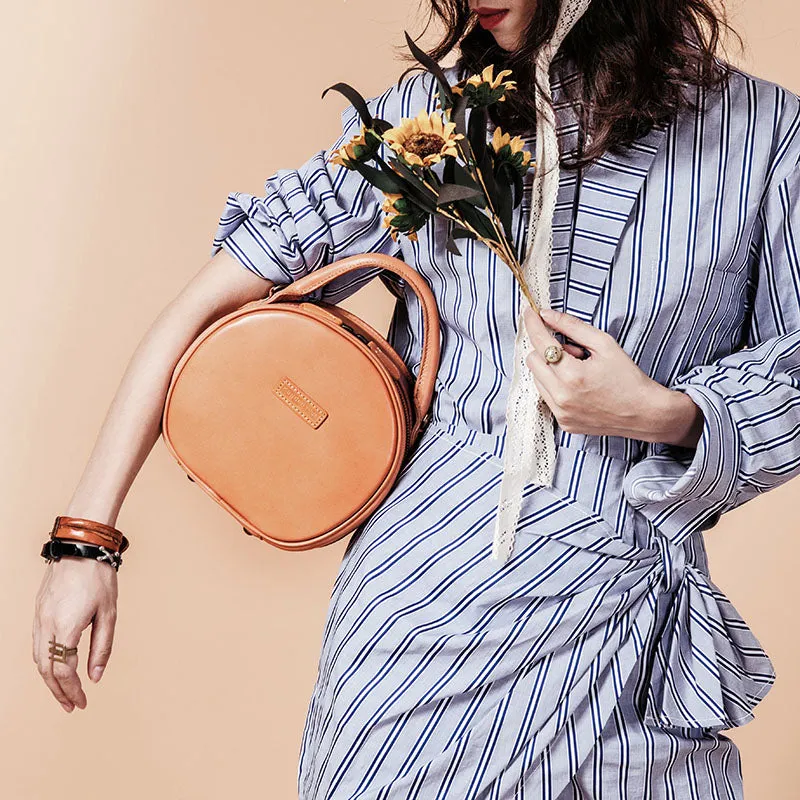 Handmade Leather Womens Round Handbag Circle Shoulder Bag Purse For Women