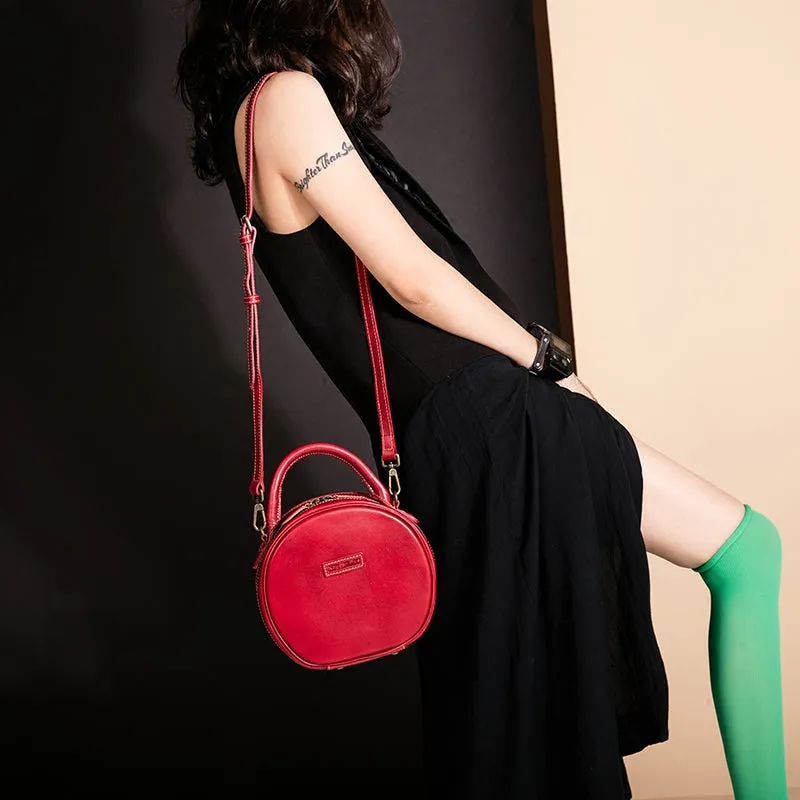Handmade Leather Womens Round Handbag Circle Shoulder Bag Purse For Women