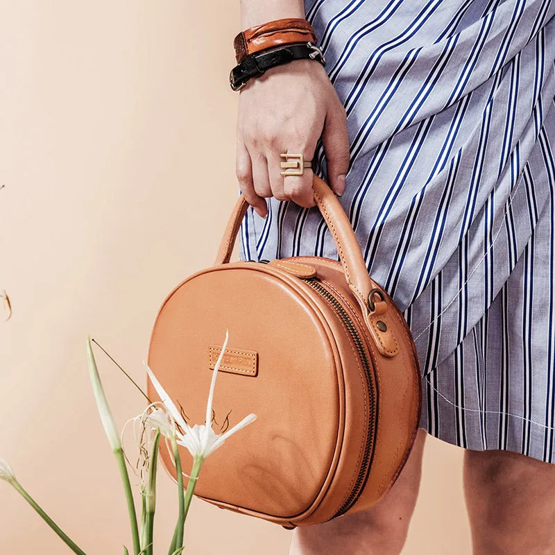 Handmade Leather Womens Round Handbag Circle Shoulder Bag Purse For Women
