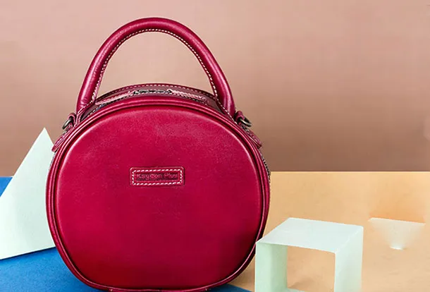 Handmade Leather Womens Round Handbag Circle Shoulder Bag Purse For Women